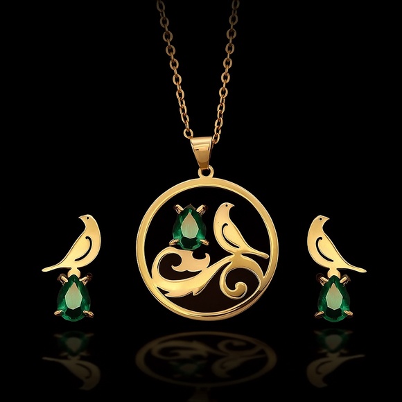 Brass Bird Jewelry Set with Green Gemstones – Pendant Necklace and Earrings - Picture 2 of 7